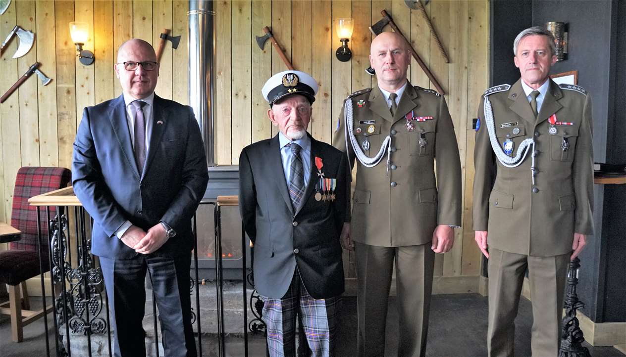 From left, Ireneusz Truszkowski consul general at Polish embassy, Richard Polanski wearing his honorary naval hat, Polish defence attaché Colonel Mieczysław Malec and Polish warrant officer Krzysztof Stolarczyk. Picture: DGS