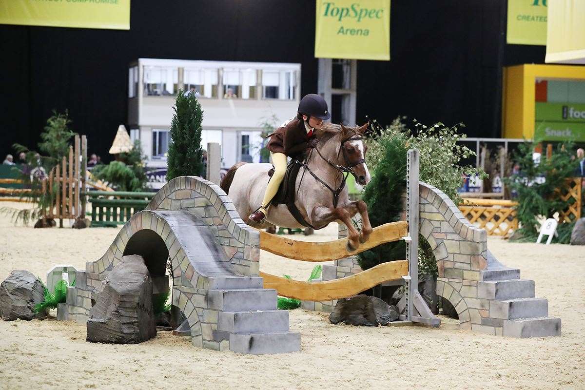 Emily Campbell en route to jumping a clear round in the mountain and moorland 122cm working hunter pony of the year championship and picking up fifth place.