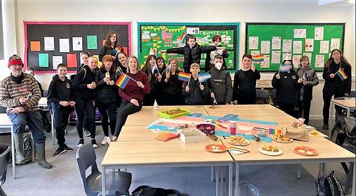 Staff and pupils at the LGBTQIA+ group celebrate this week. Picture: Wick High School