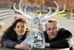 Katya Izabel Filmus and National Glass Centre studio manager Chris Blade with the crystal glass stag’s head sculpture.