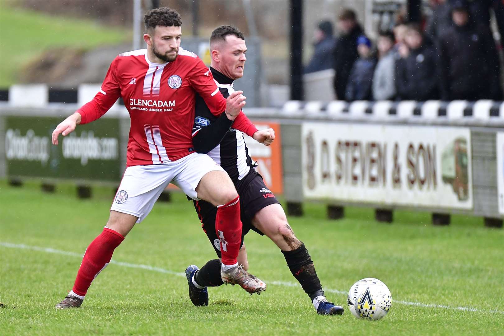 Gordon MacNab battles for the ball with Brechin City's Nathan Cooney at Harmsworth Park in February. Picture: Mel Roger