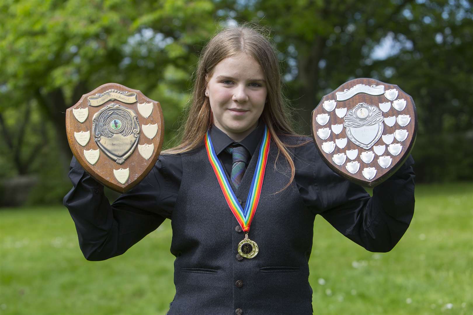 Morven Miller of Watten won both piping trophies. Sprig of Ivy secured her the Piping Challenge Shield March, while Maggie Cameron and Dolina Mackay won her the Bagpipes Shield Strathspey and Reel. Picture: Robert MacDonald / Northern Studios