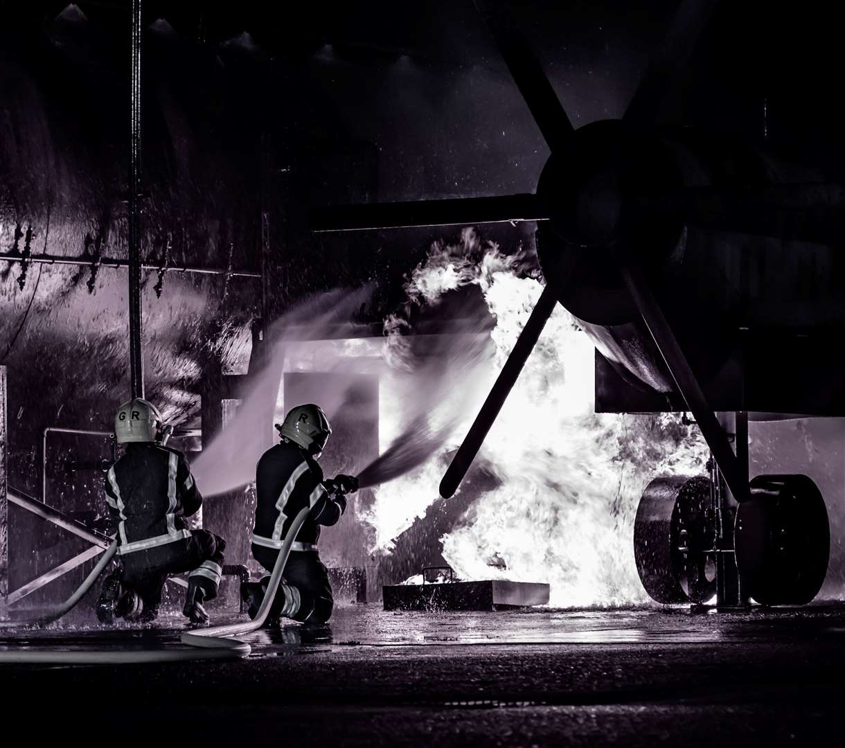 Ally Mackechnie's monochrome image of firefighters tackling the blaze in training.