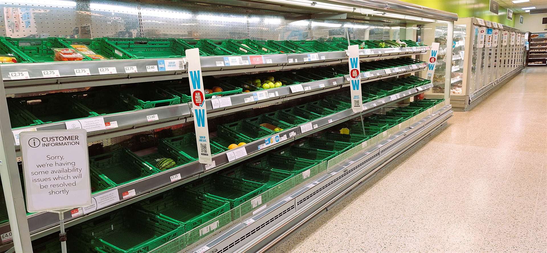The fruit and veg shelves at Wick's Coop are almost completely empty after this week's hacking issue. Picture: DGS