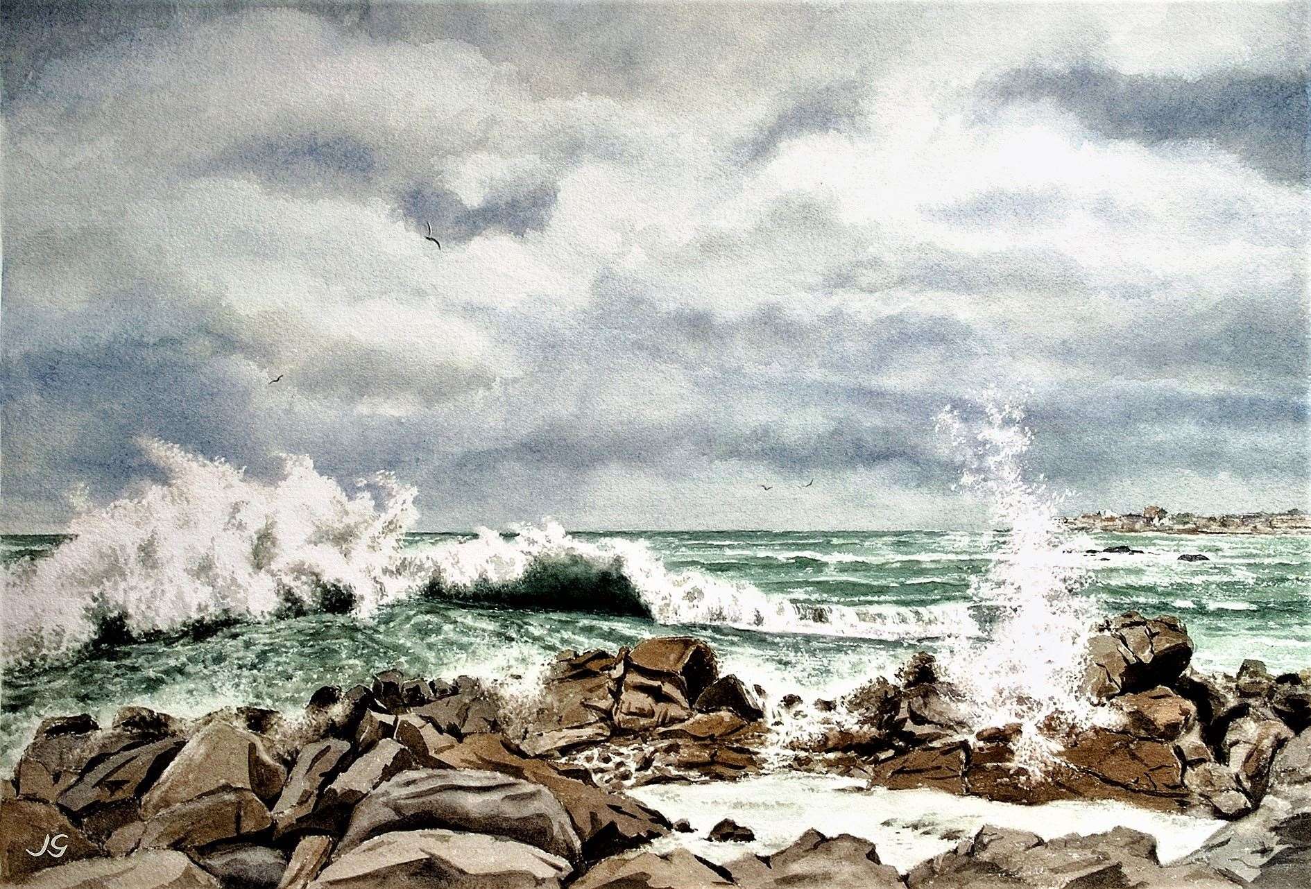 One of John Greene's own paintings shows a wild coastal scene and is called Winter Storm in Scotsman's Bay...