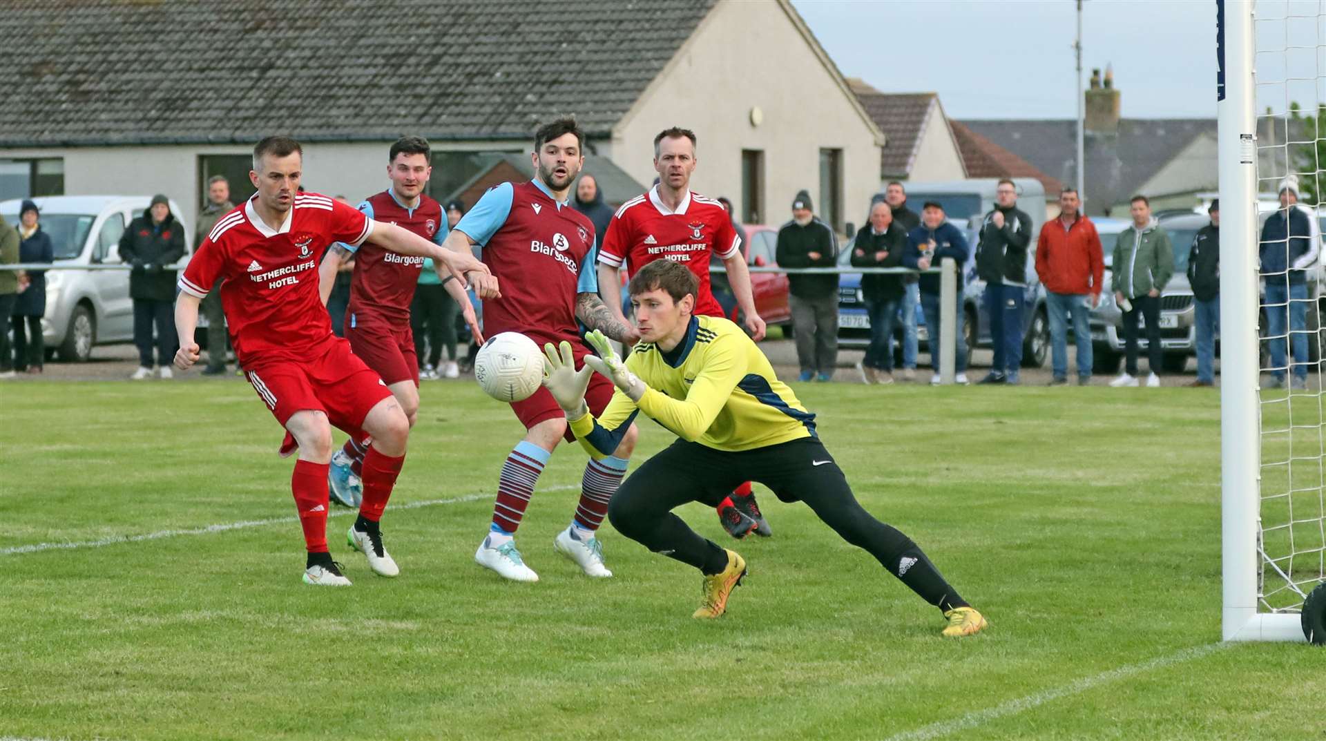 Wick Groats keeper Kieran Macleod makes a save during Tuesday's top-of-the-table clash at Ham Park. Picture: James Gunn