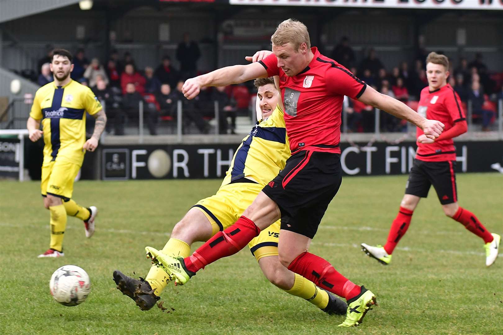 Wick Academy's Michael Steven putting in a typically robust challenge to block an attempted cross from Inverurie Locos' Chris Angus in a 1-1 draw at Harlaw Park in February 2019. Picture: Mel Roger