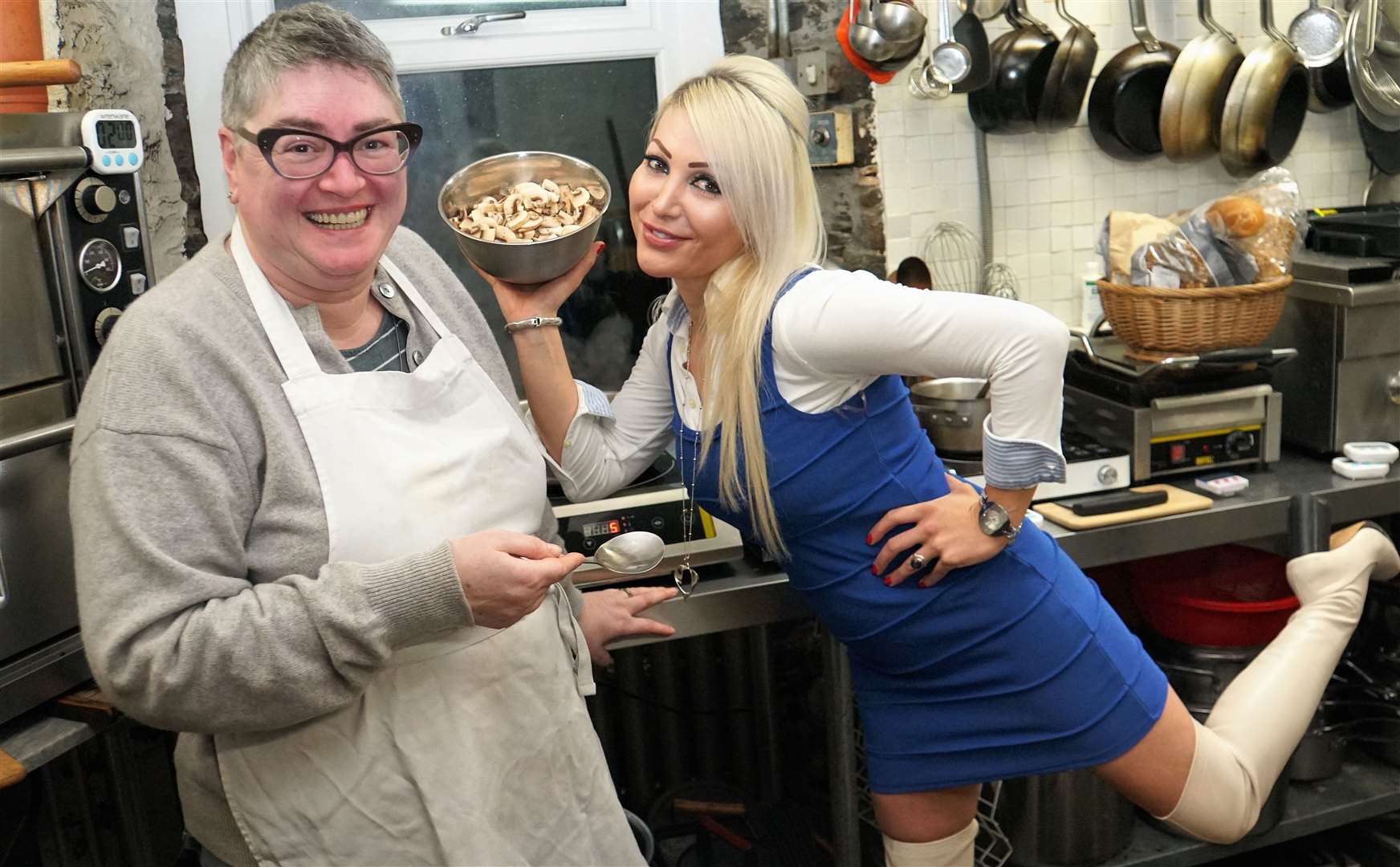 Karen McMaster (left), owner of Whaligoe Steps Café, with Natalie Oag and their medieval vegan dish. Pictures: DGS