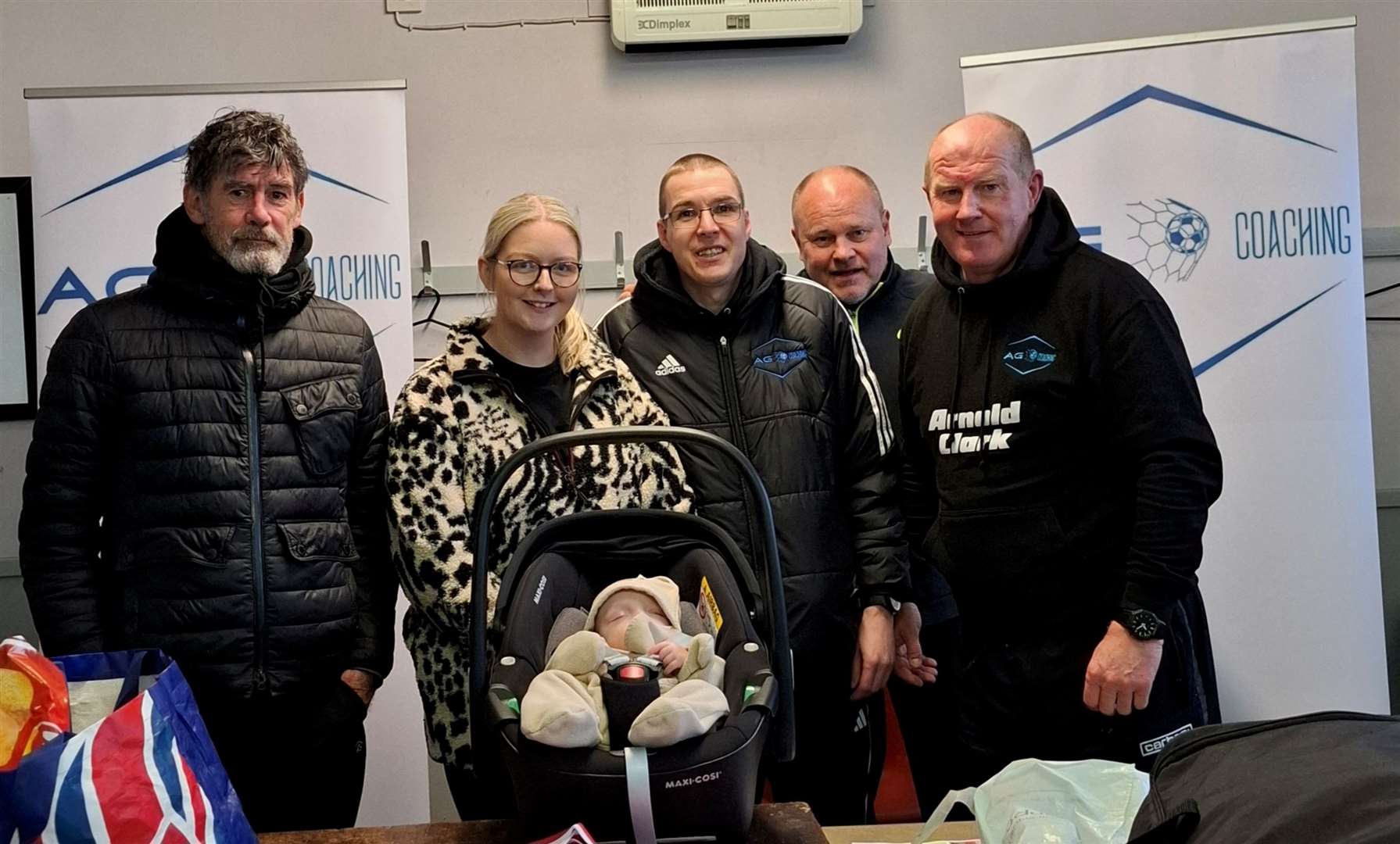 Ex pros Mike Newell, Mixu Paatelainen and Duncan Shearer with Alyn Gunn, partner Leanne Bremner and their son Ally.