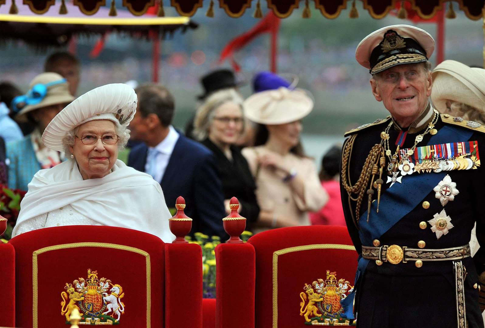 The Queen and the Duke of Edinburgh onboard the Spirit of Chartwell during the Diamond Jubilee Pageant on the River Thames (John Stillwell/PA)