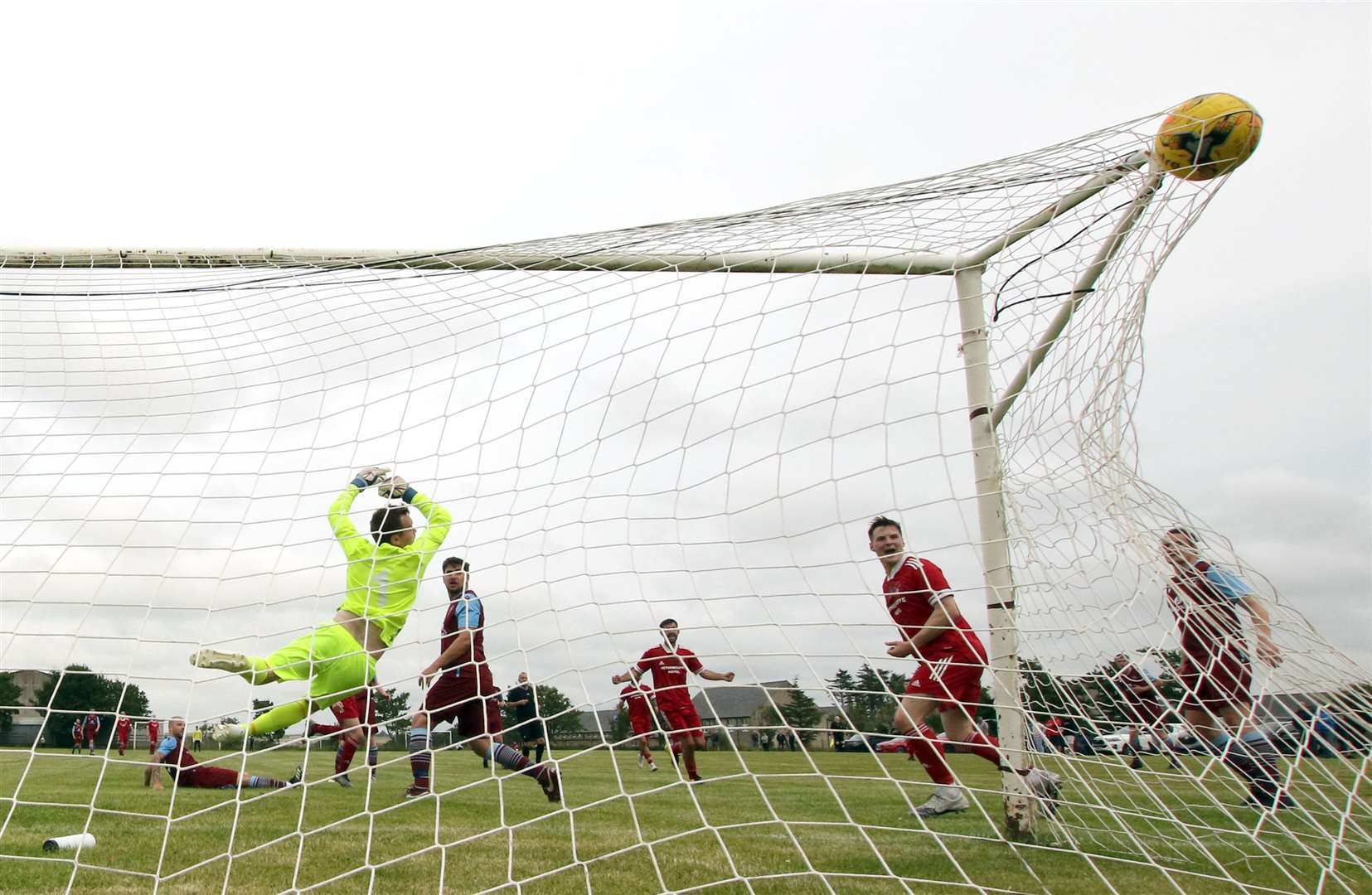 Alan Mathieson's shot bulges the net for Wick Groats' equaliser against Pentland United. Picture: James Gunn