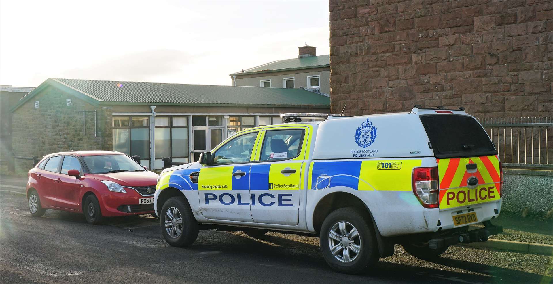 Police vehicle outside the former government offices at Girnigoe Street in Wick. Picture: DGS