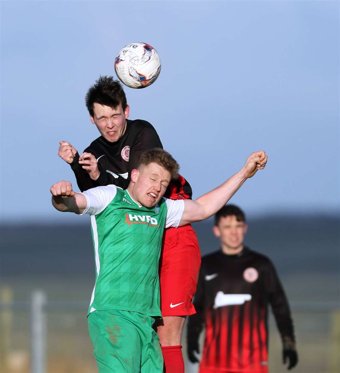 Mark Webster wins a header for Halkirk United. Picture: James Gunn