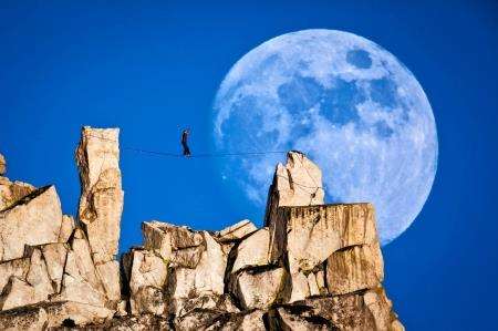 In Moonwalk free climber Dean Potter highlines in Yosemite.