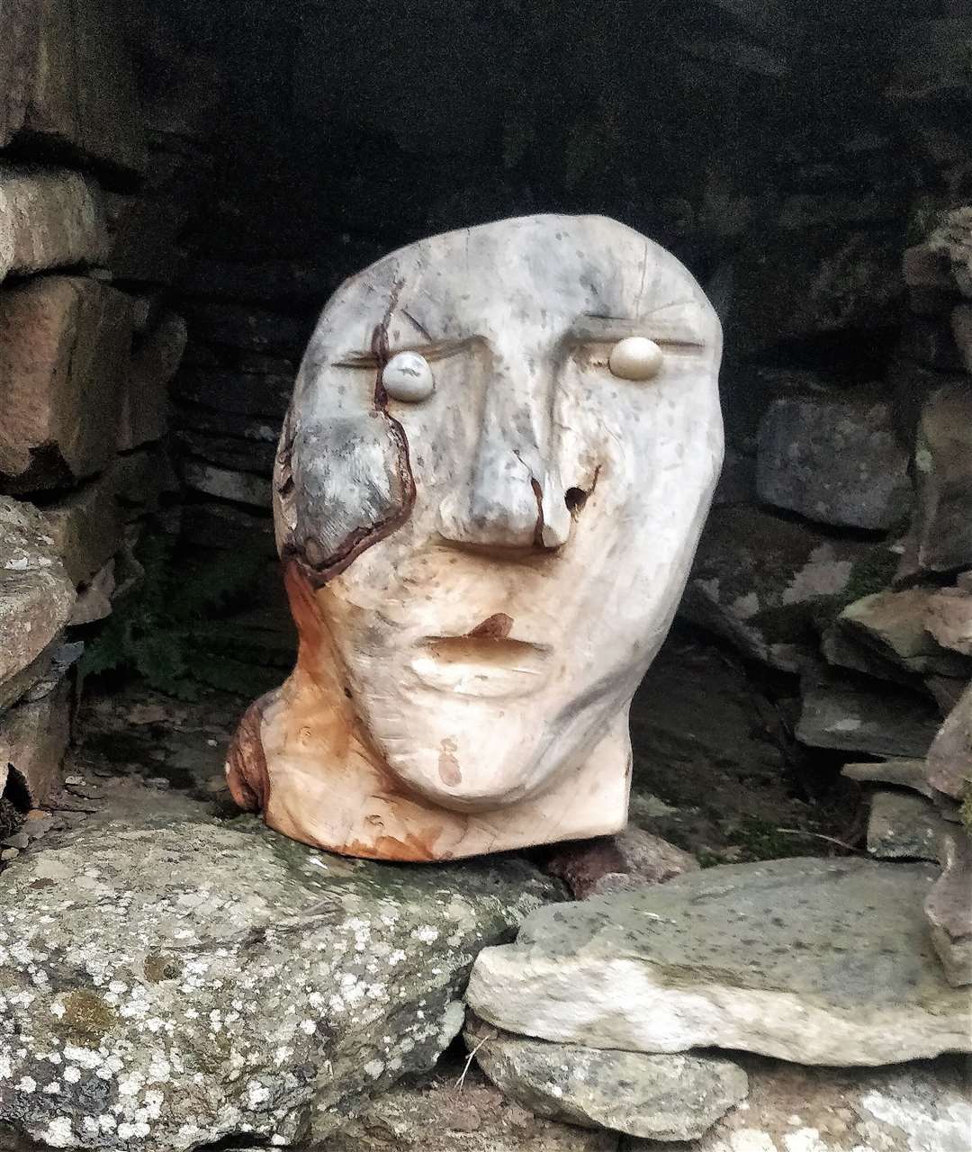 The Ousdale Mannie in his niche at the broch.The carving was inspired by the Ballachulish Goddess, the oldest intact wooden object found in Scotland and was discovered in a peat bog. Pictures: CBP