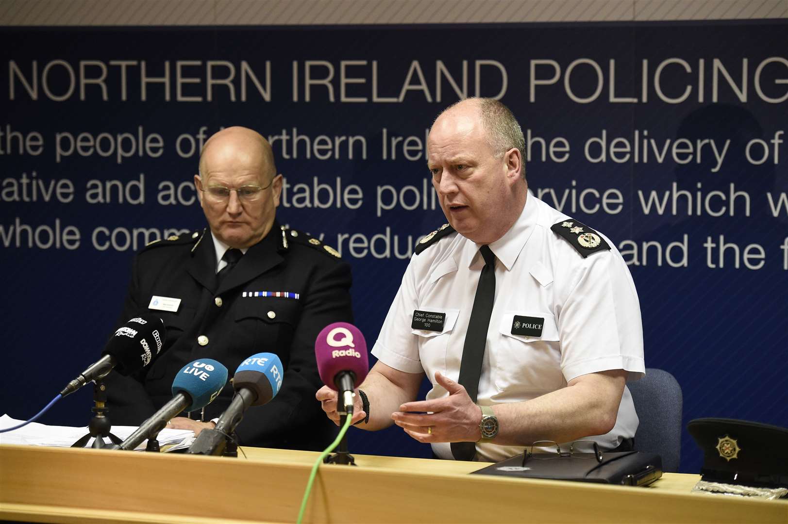 Then Durham chief constable Mike Barton, left, and then PSNI chief George Hamilton spoke of the arrests at a public meeting of the Policing Board in Belfast in 2019 (PA)