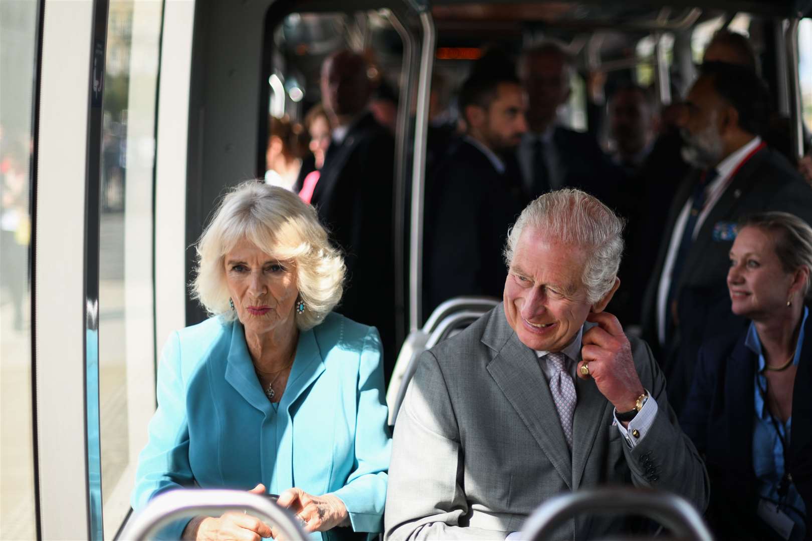 Charles and Camilla travel by electric tram to a reception at Place de la Bourse in Bordeaux (Daniel Leal/PA)