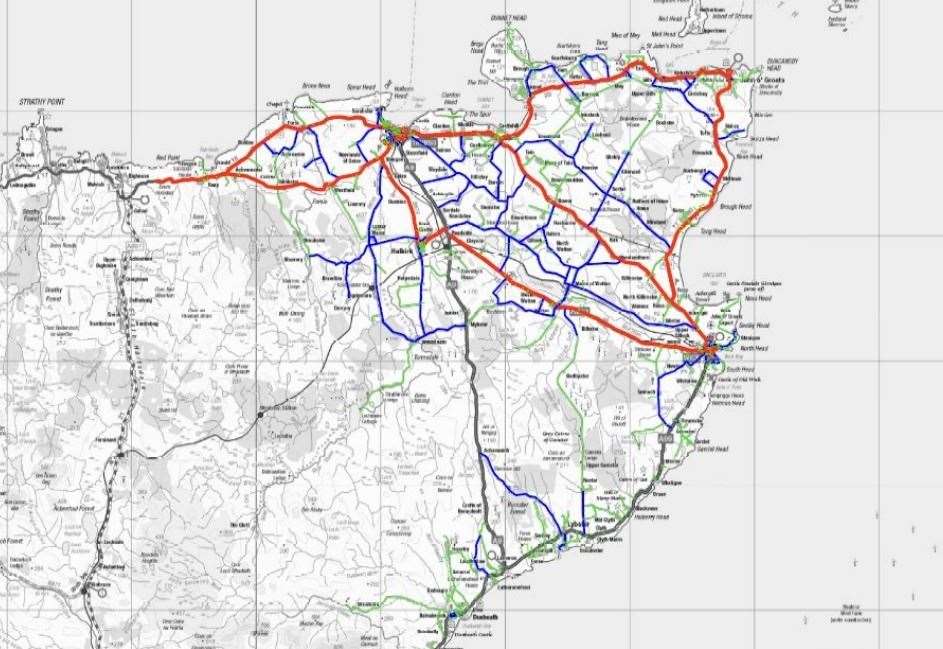 Winter gritting priority routes for Caithness – primary routes are shown in red, secondary routes in blue and other routes in green.