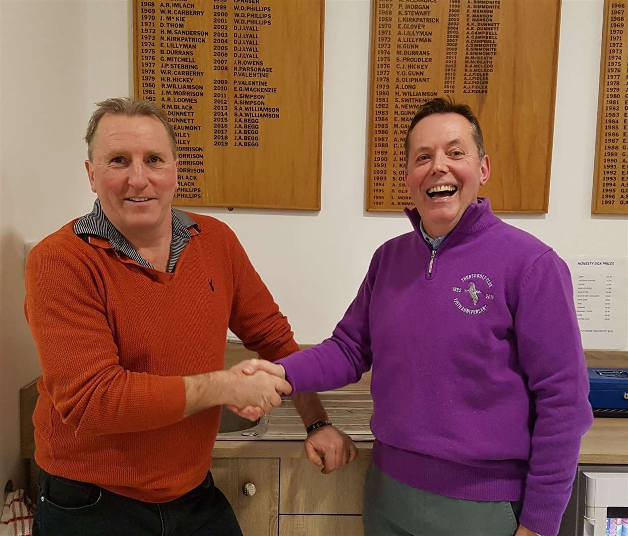 Thurso Golf Club captain Alan Coghill (right) and his predecessor Jocky Begg early last year, before coronavirus restrictions began.