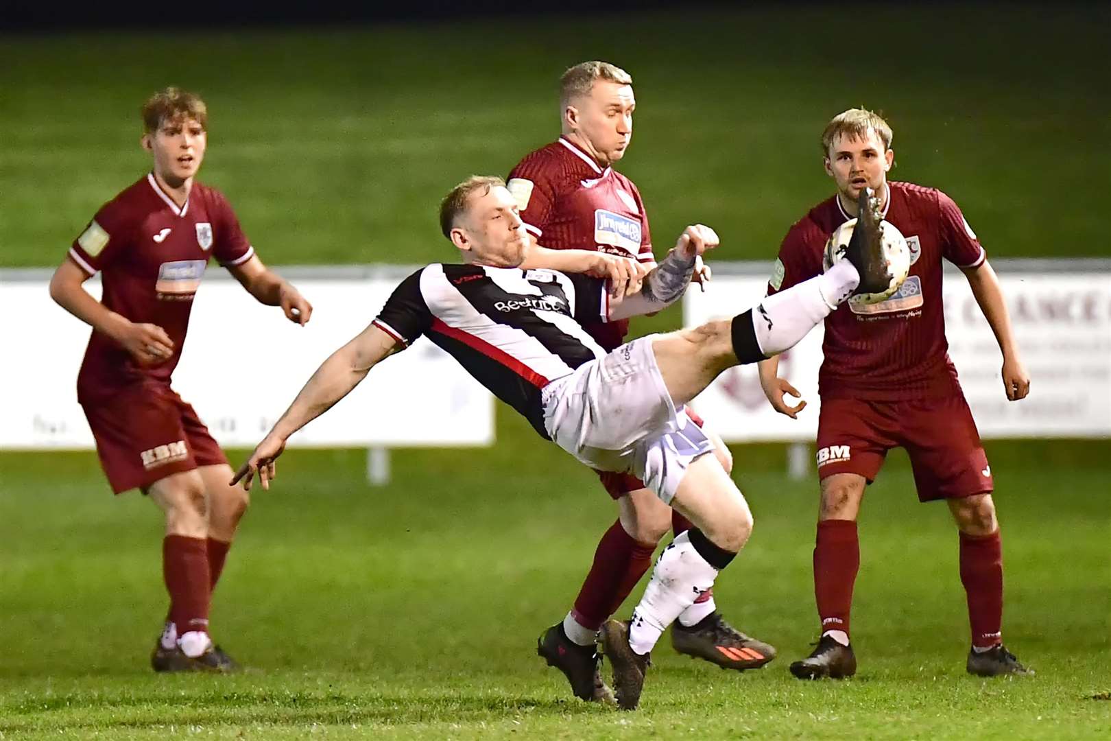 Wick Academy's Alan Hughes at full stretch to block the ball at Kynoch Park on Wednesday night. Picture: Mel Roger