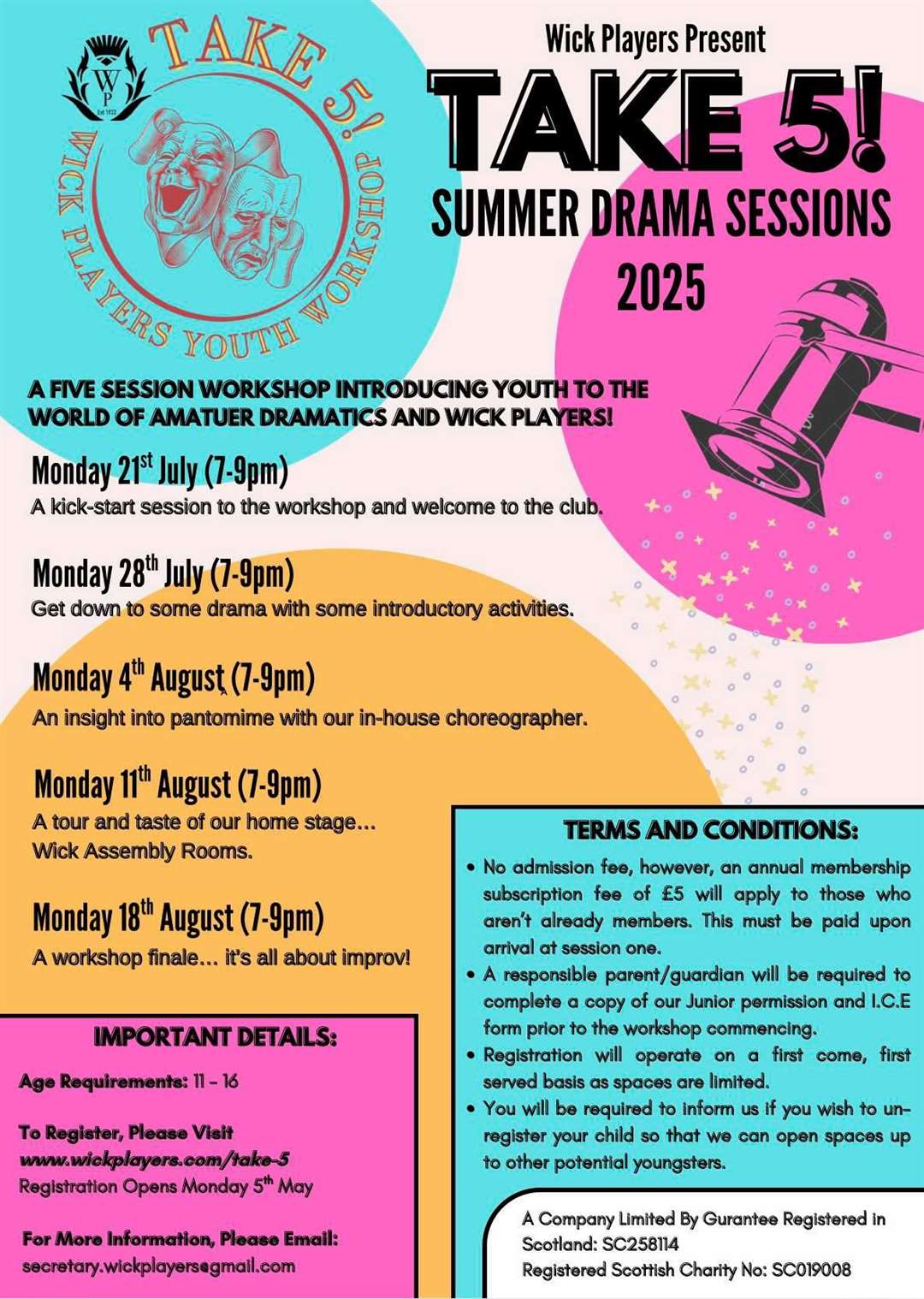 The Take 5! workshop will be held every Monday evening from July 21 to August 18 in the Moray Street Drama Centre, Wick.