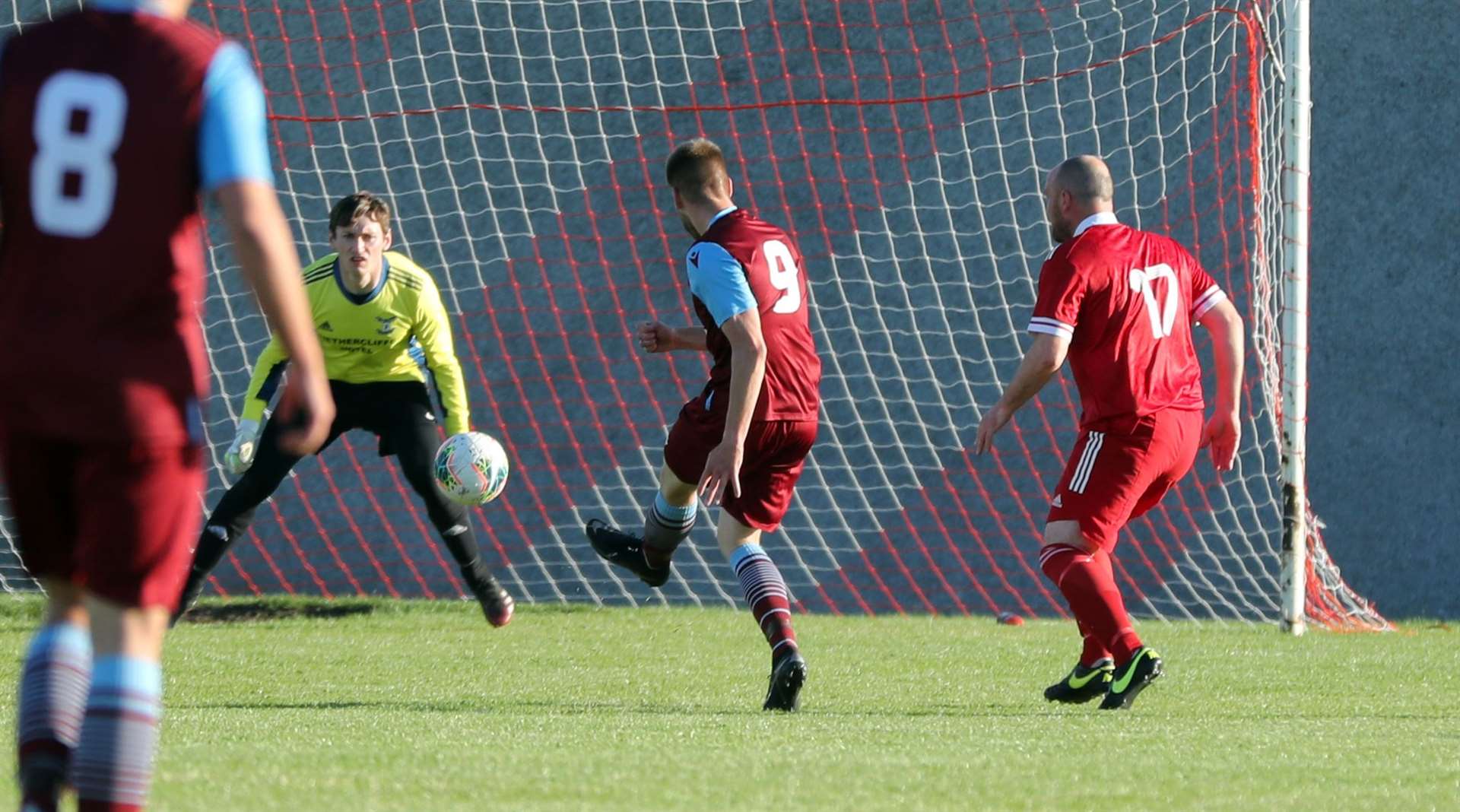 Pentland United's Marc Macgregor beats Kieran Macleod for the opening goal at the Upper Bignold on Wednesday night. Picture: James Gunn