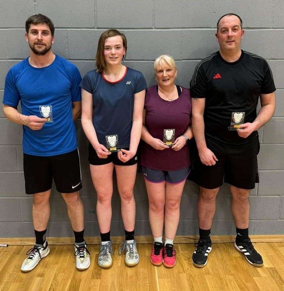 Restricted mixed doubles runners-up Grant Steven and Chloe Mackenzie with winners Pauline Craig and James Swan.