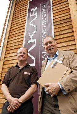 Neil Sutherland with Rob Gibson at the opening of the Makar timber-assembly factory at Torbreck. Photo: Rachel Fermi