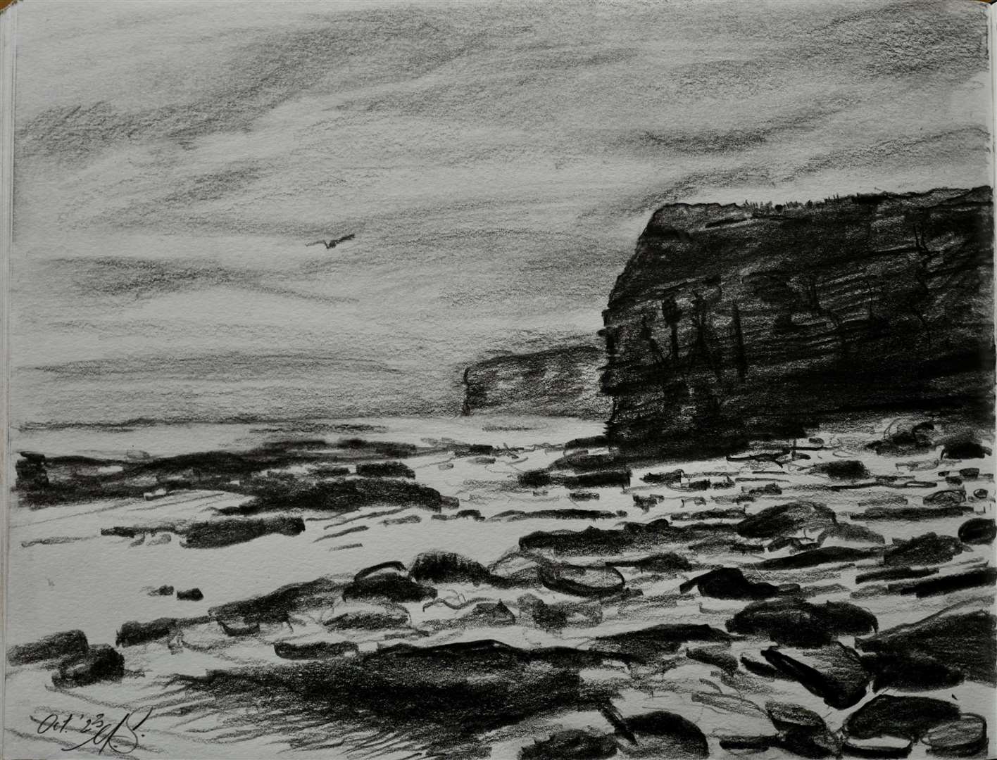 Sketch by Monique of Freswick Bay in autumn, graphite on paper, 2023.
