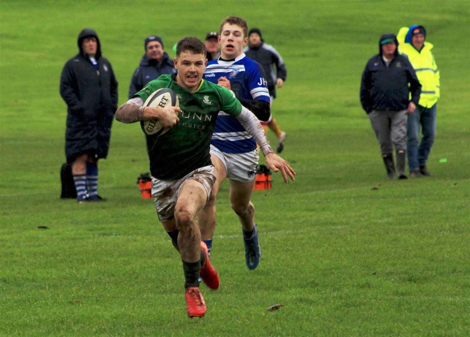 Cameron Ryder races through for the Greens' bonus-point fourth try against Dunfermline. Pictures: Alan Hendry