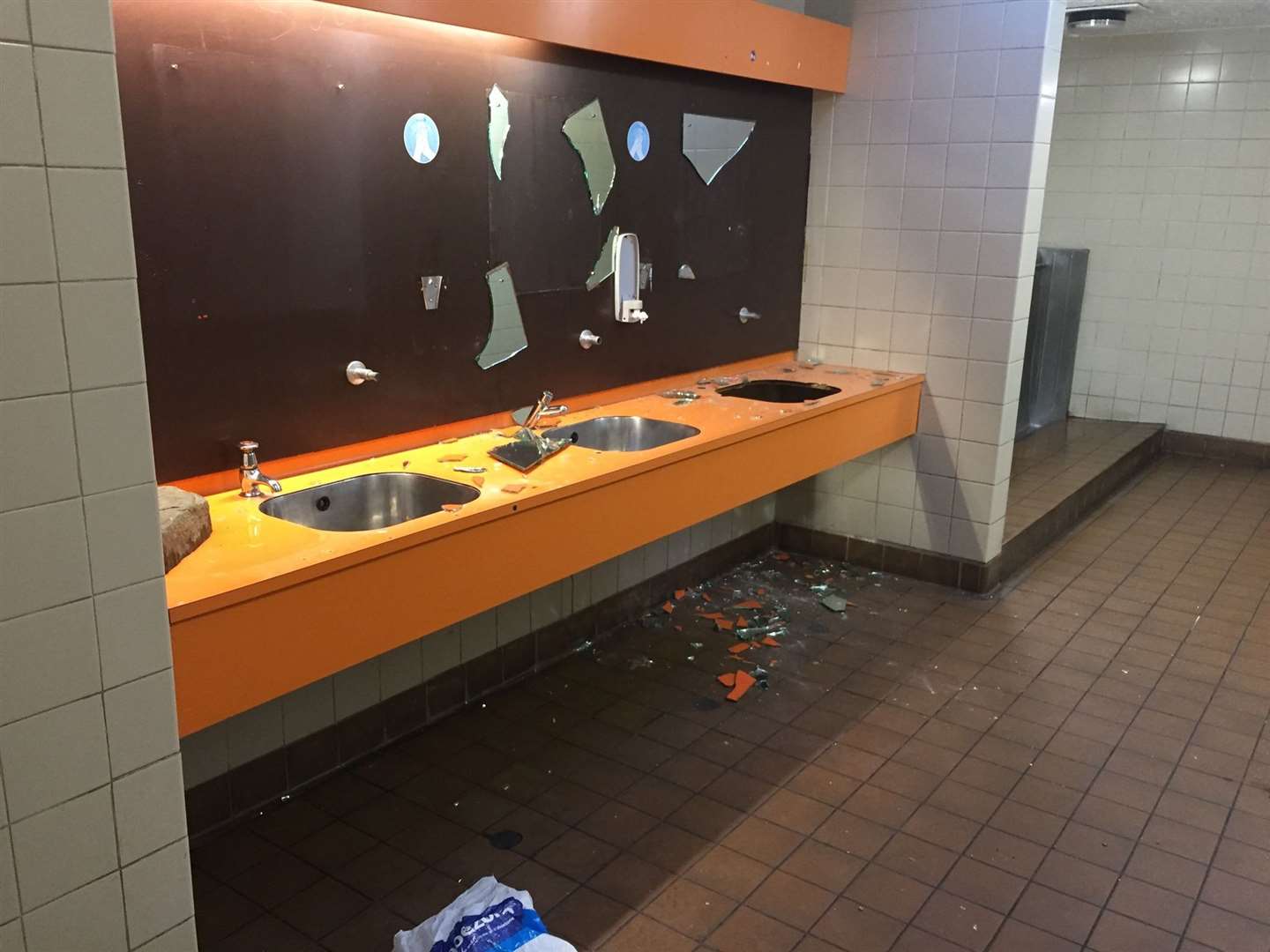 This photograph led to hundreds of angry comments on social media when posted on Monday. It shows all the mirrors smashed to pieces at the public toilets in the Whitechapel area of Wick. A brick can be seen on the left side.