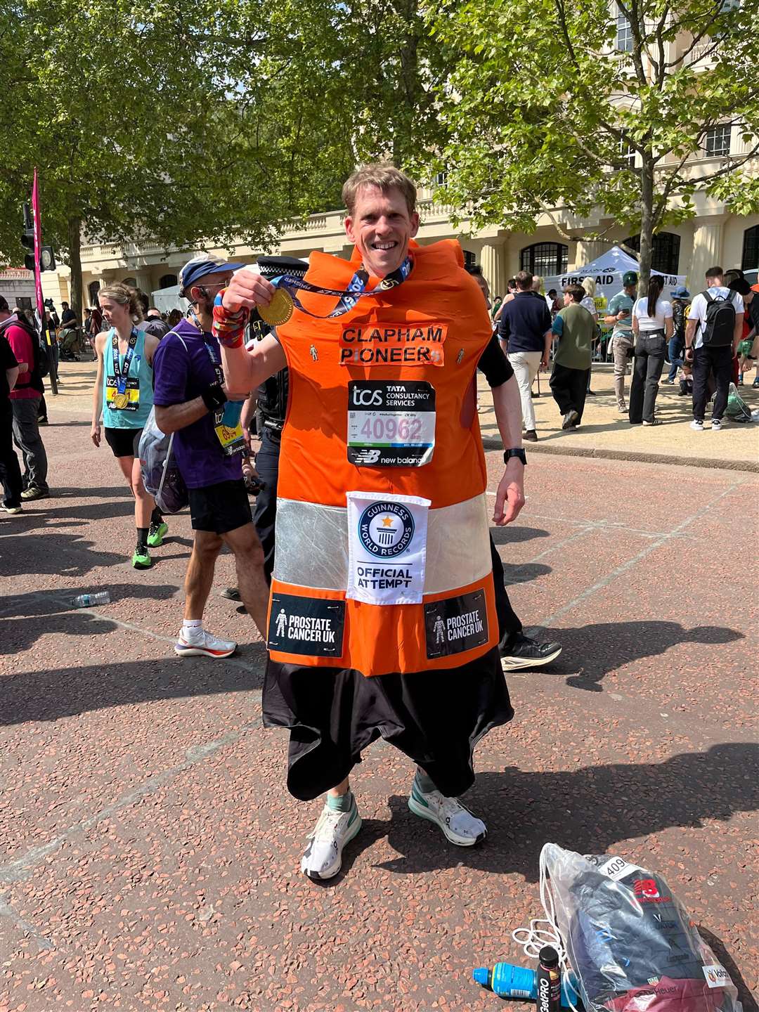 Michael Wiggins took part in this year’s London Marathon wearing a traffic cone costume (Michael Wiggins/PA)