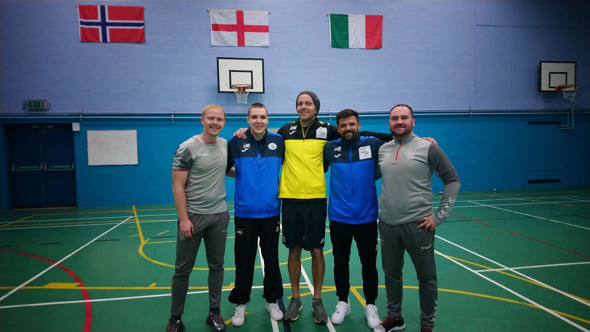 From left: Andrew Gordon (Rangers), Alyn Gunn and Richie Campbell of Thurso Football Academy, Nacho Novo (ex-Rangers star) and Peter Kennedy (Rangers) at the last football camp, held in November at Thurso High School games hall.