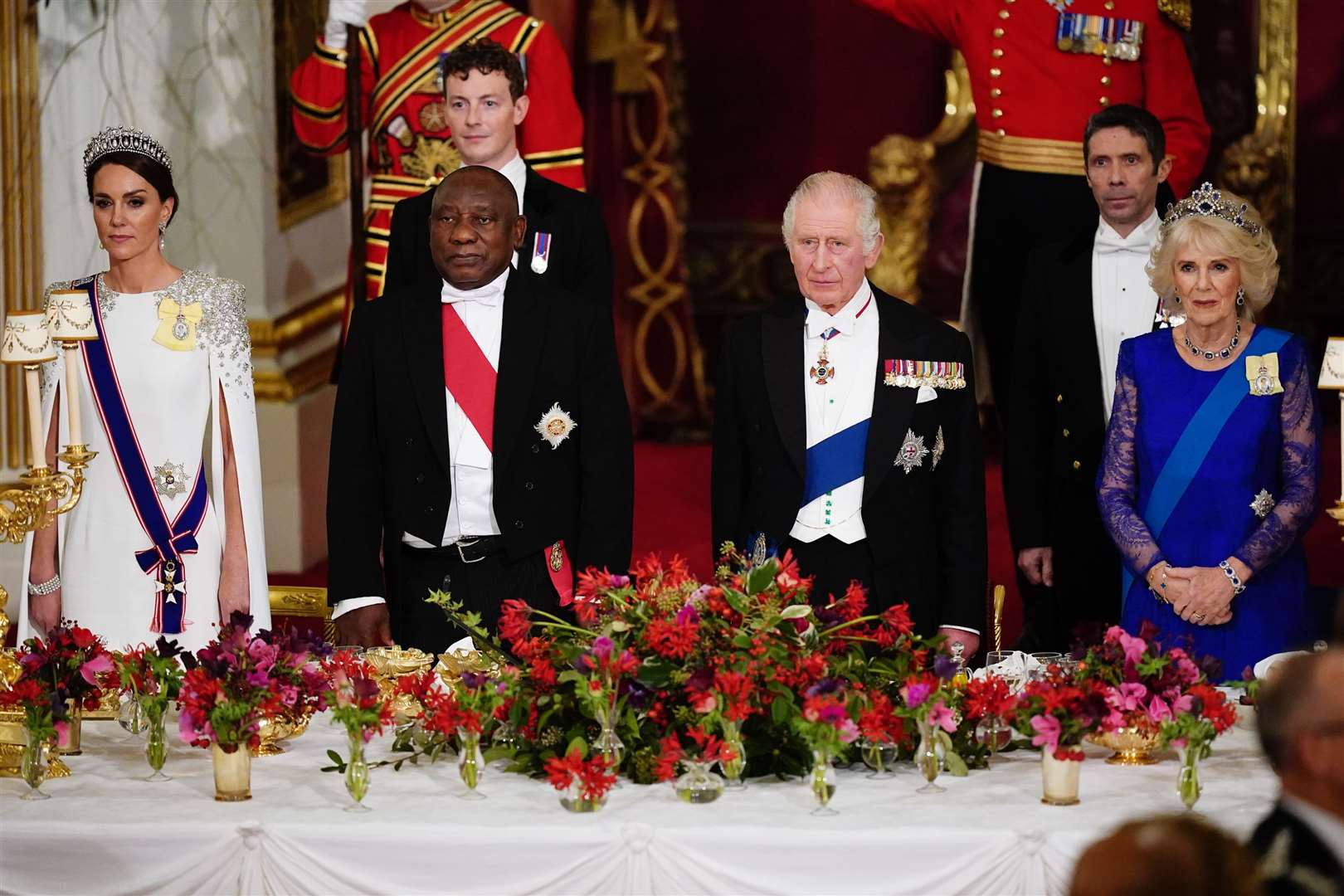 The Princess of Wales, President Cyril Ramaphosa of South Africa, King Charles and the Queen Consort, stand during the State Banquet held at Buckingham Palace (Aaron Chown/PA)