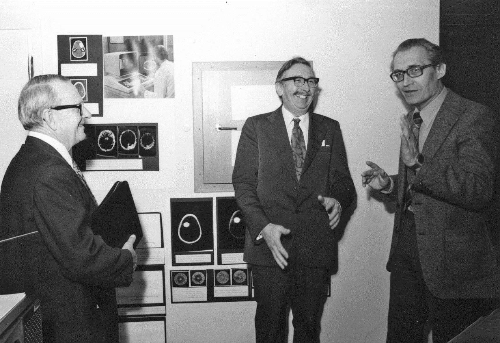 Allan MacLeod Cormack (left) and Godfrey Hounsfield with Professor Torgny Greitz (right), of the Karolinska Medico-Chirurgical Institute, in December 1979. Professor Kit Vaughan says it is the only photograph, as far as he is aware, that was ever taken of Cormack and Hounsfield and it was given to him by Prof Greitz. Picture: Torgny Greitz