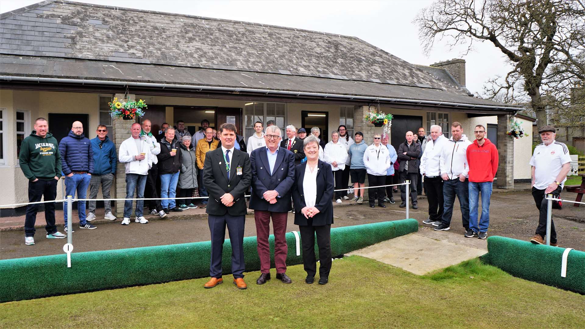 From left, Graham John, the club's elected president, next to Jamie Stone MP and committee member Sharon Rosie. Members and supporters of the Rosebank Bowling Club turned out for the first jack of the season to be thrown. Picture: DGS