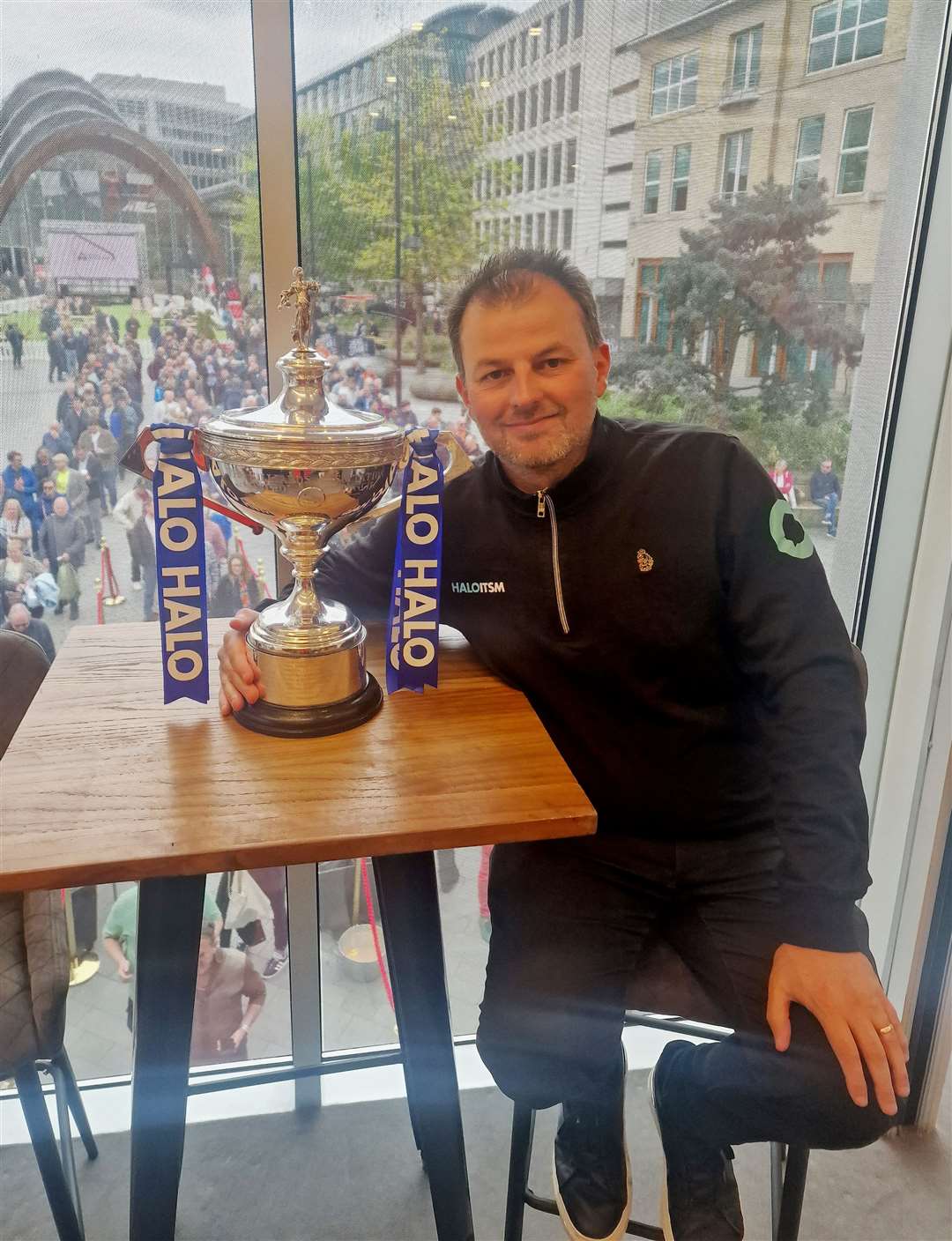 Halo founder/CEO Paul Hamilton in Sheffield with the World Snooker Championship trophy.