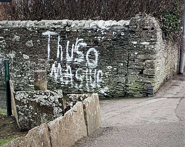 The vandalised wall by Olrig Street has the words 'Thurso masive' painted on it.