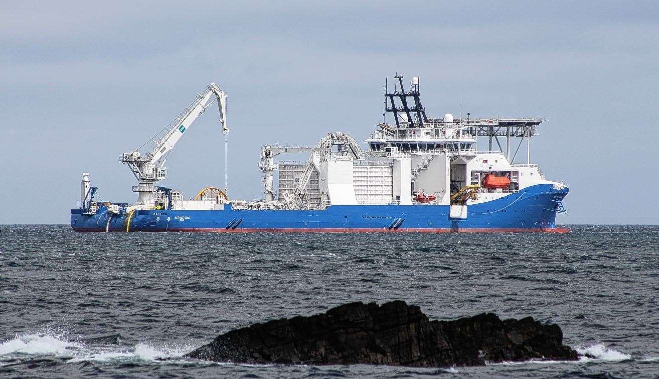 The cable-laying vessel NKT Victoria working off the Caithness coast near Noss Head. Picture: Alan Hendry