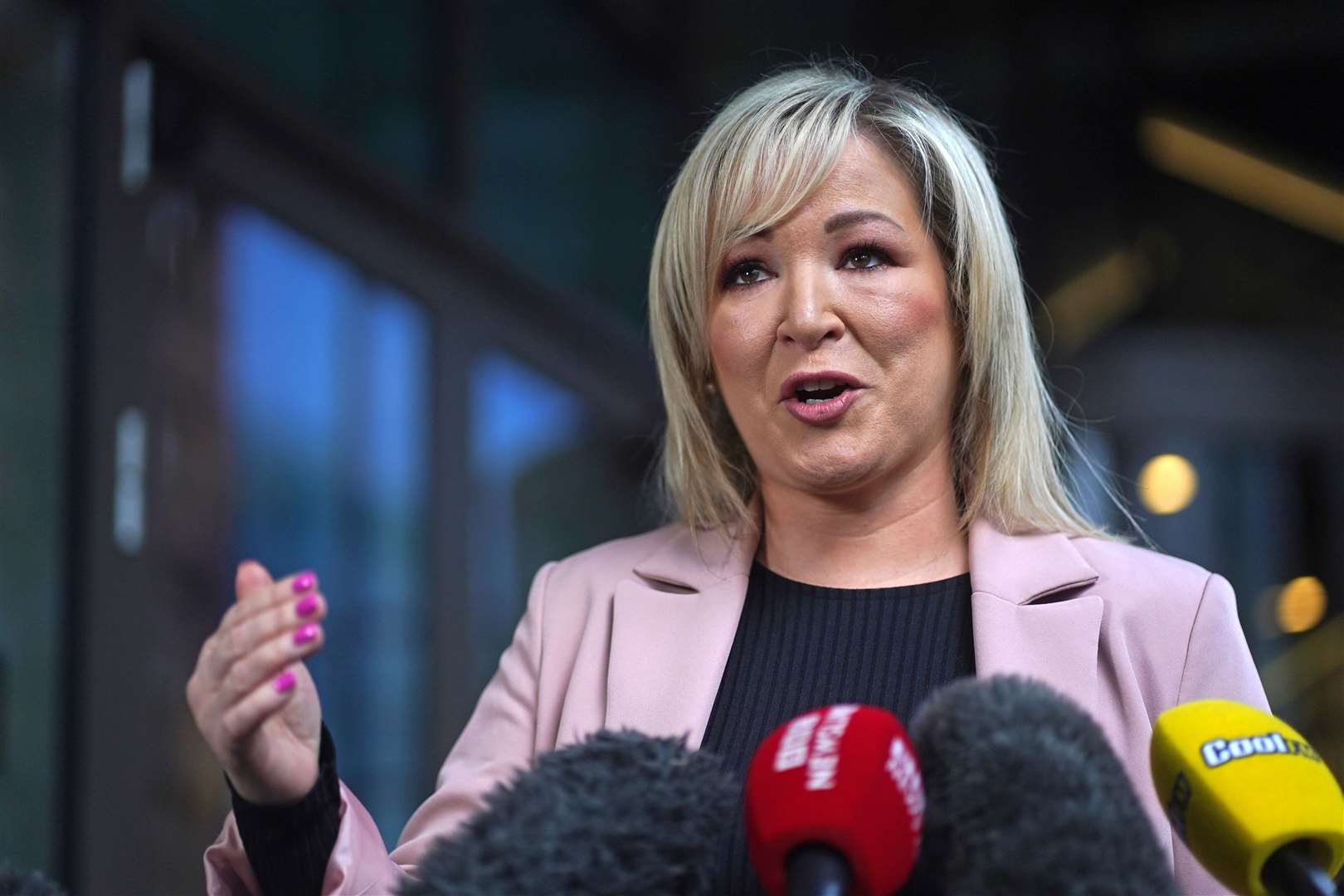 Sinn Fein vice president Michelle O’Neill speaking to the media outside the Grand Central Hotel in Belfast following her meeting with Irish Foreign Affairs Minister and Tanaiste Micheal Martin. (Brian Lawless/PA)