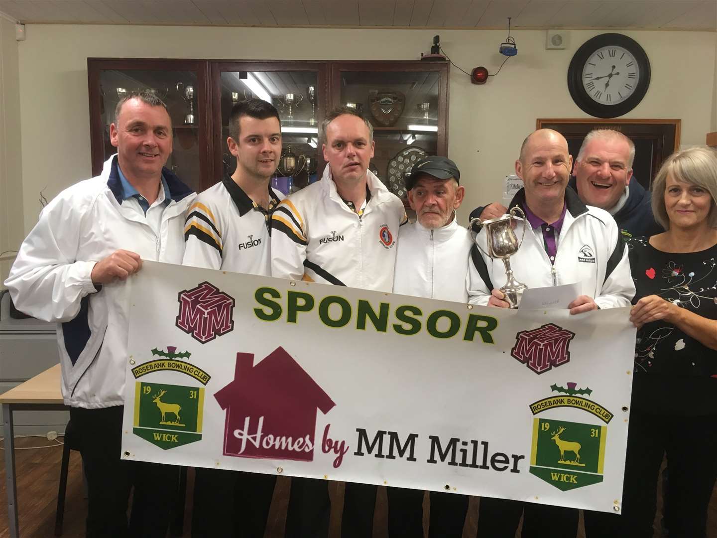 From left: Michael Campbell, representing sponsor MM Miller, runners-up Alan Morrison and Henny Henderson, winners William Bremner and Paul McNeil, Malcolm Simpson (Rosebank BC) and Dorothy’s daughter Avril who presented the prizes.