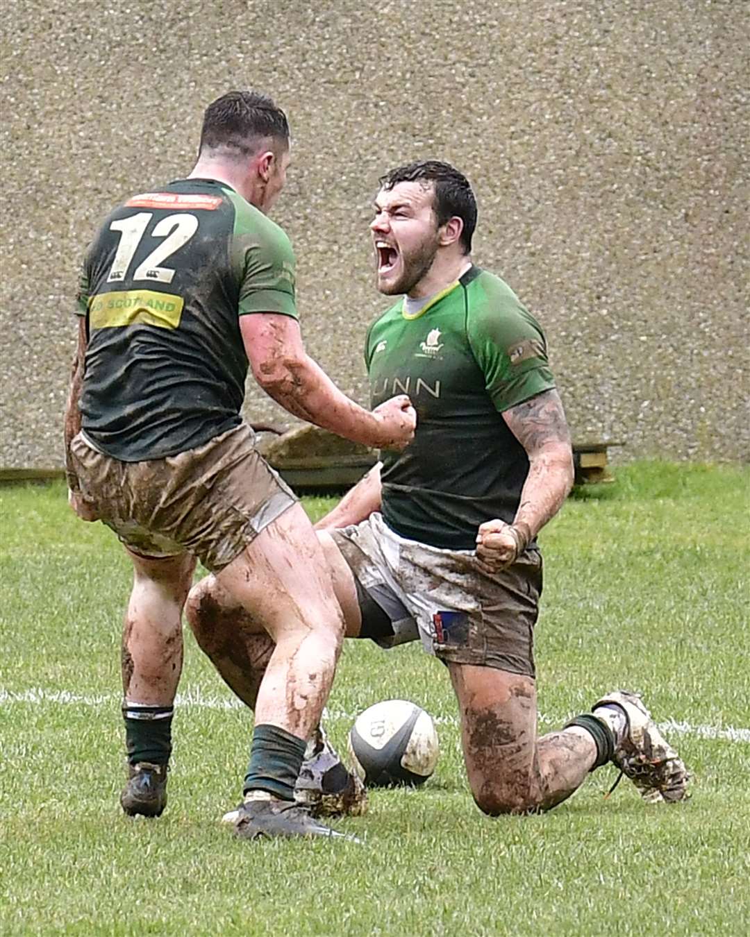 Charlie Quinn and Marc Anderson show their delight during the Greens' 15-14 win against Ellon. Picture: Mel Roger