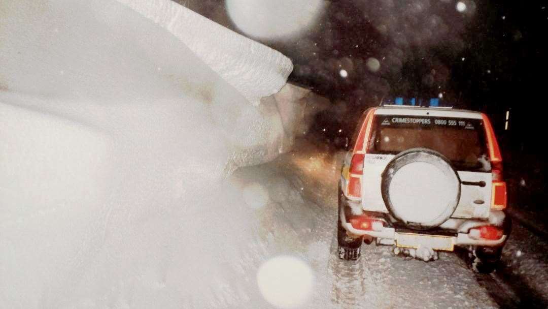 A police vehicle on the A9 south of Latheron, around 1999/2000, driven by the then Sgt Matthew Reiss (now a Highland councillor), engaged on 'snow patrol' which involved rescuing stranded motorists.