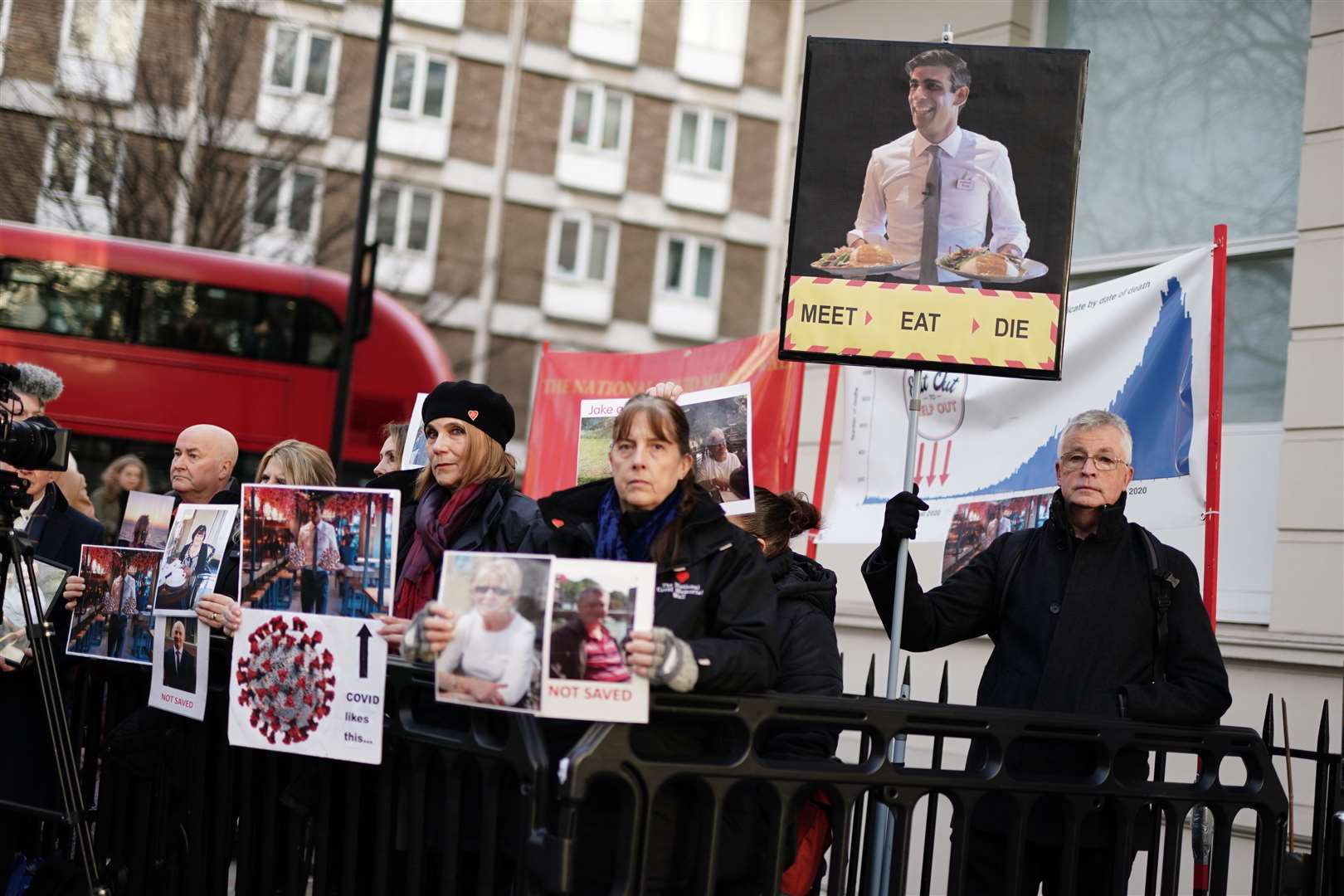 Protesters outside the UK Covid-19 Inquiry at Dorland House in London, where Prime Minister Rishi Sunak is giving evidence (Jordan Pettitt/PA)