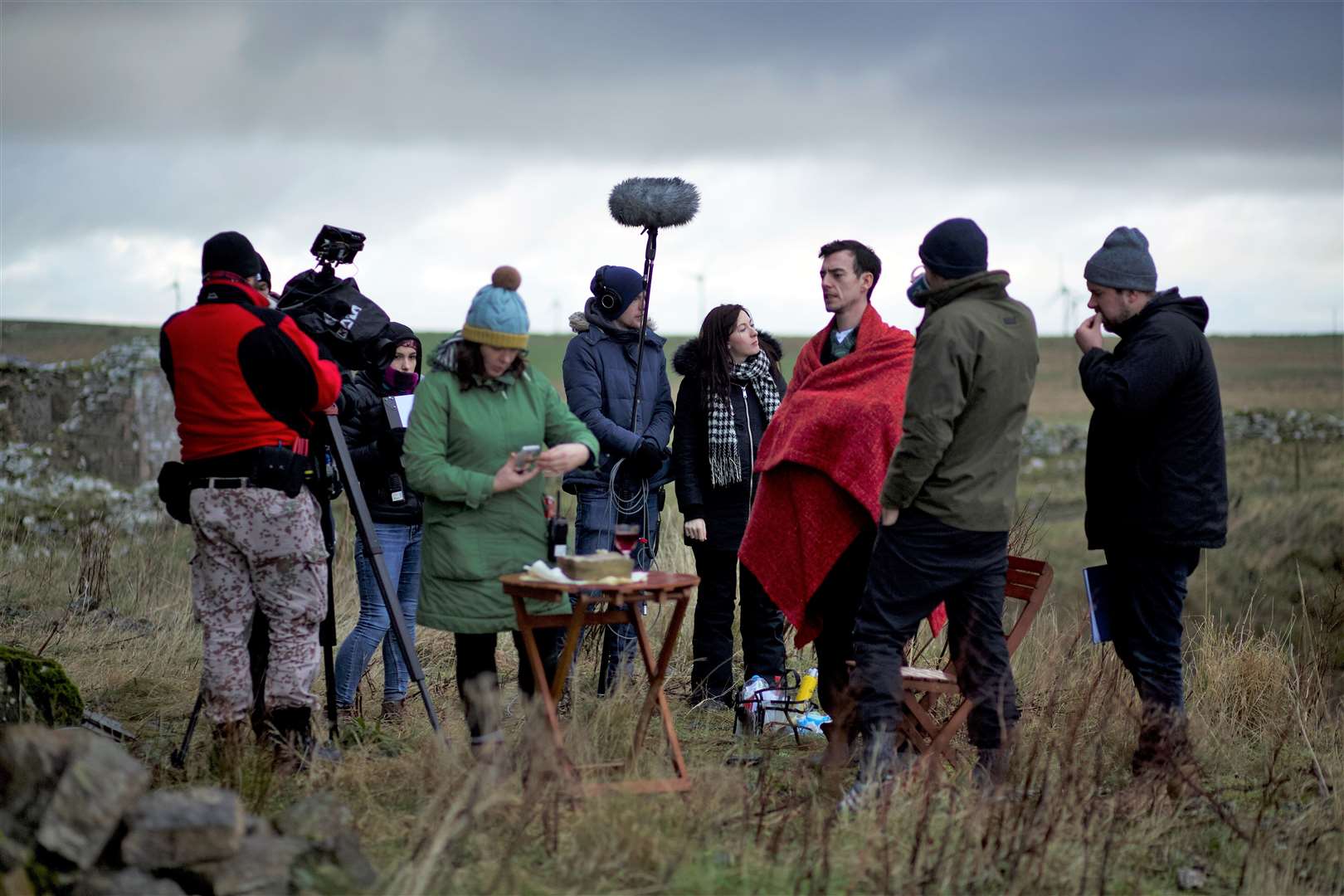 The crew preparing for a scene near Freswick Castle.