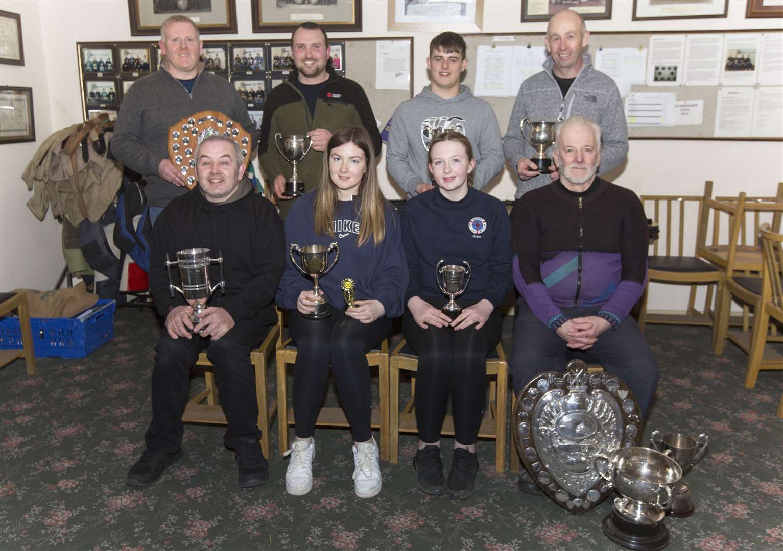 With Caithness Small Bore Rifle Association's indoor season drawing to a close, league and team trophies were presented at Stirkoke Rifle Club following the St Clair Cup competition which was won by Halkirk 'A'. Some of the shooters who accepted trophies on behalf of themselves or their clubs and teams are (back, from left) Graham Mackay, Mark Mackay, both Westfield, Robbie Levack, Robbie Campbell, both Halkirk, (front) Steven Nicolson, Wick Old Stagers, Sophie Campbell, Grace Campbell, both Halkirk, and Brian Young, Wick Old Stagers. Picture: Robert MacDonald / Northern Studios