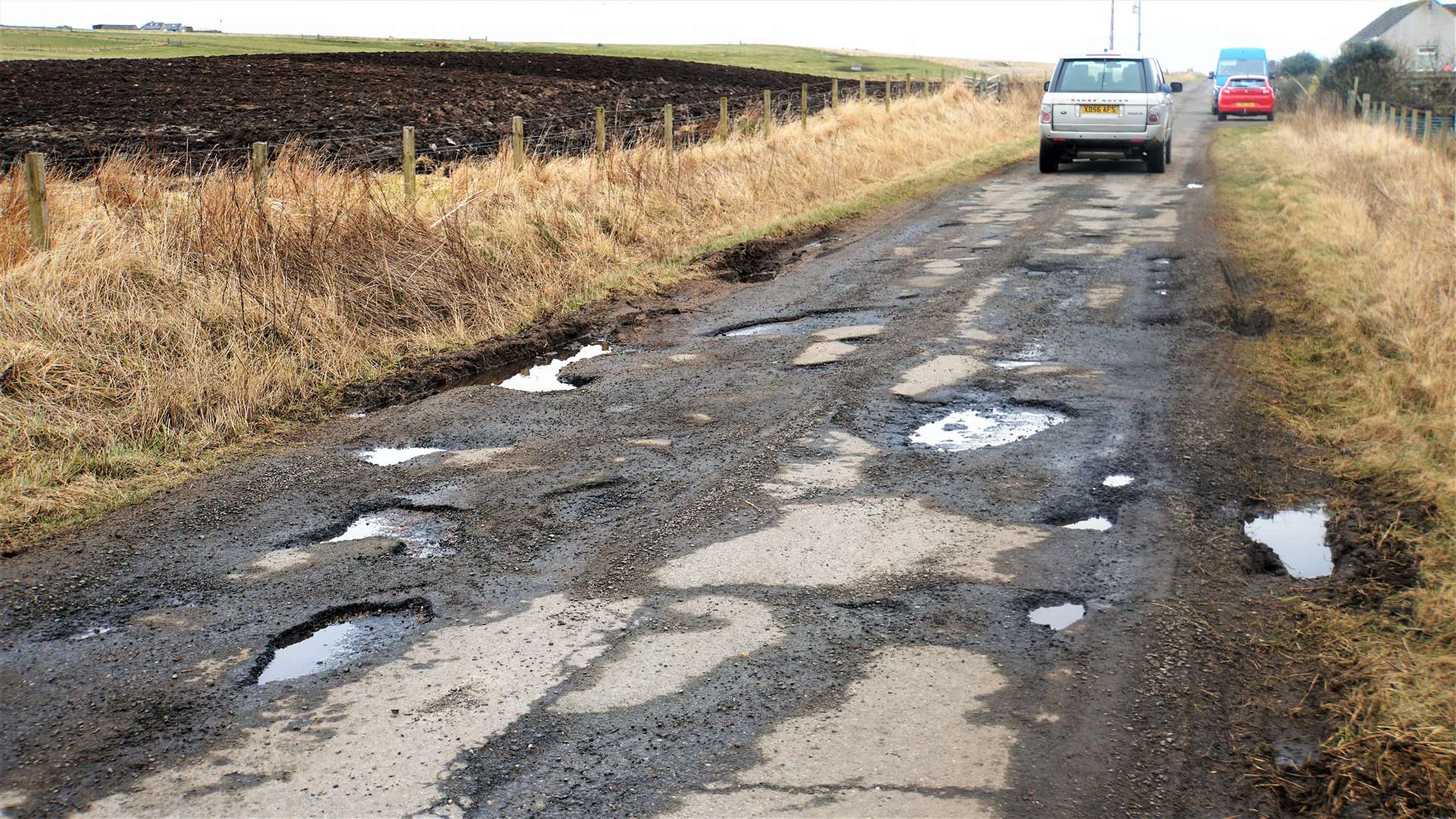 Badly potholed road near Freswick. Picture: DGS