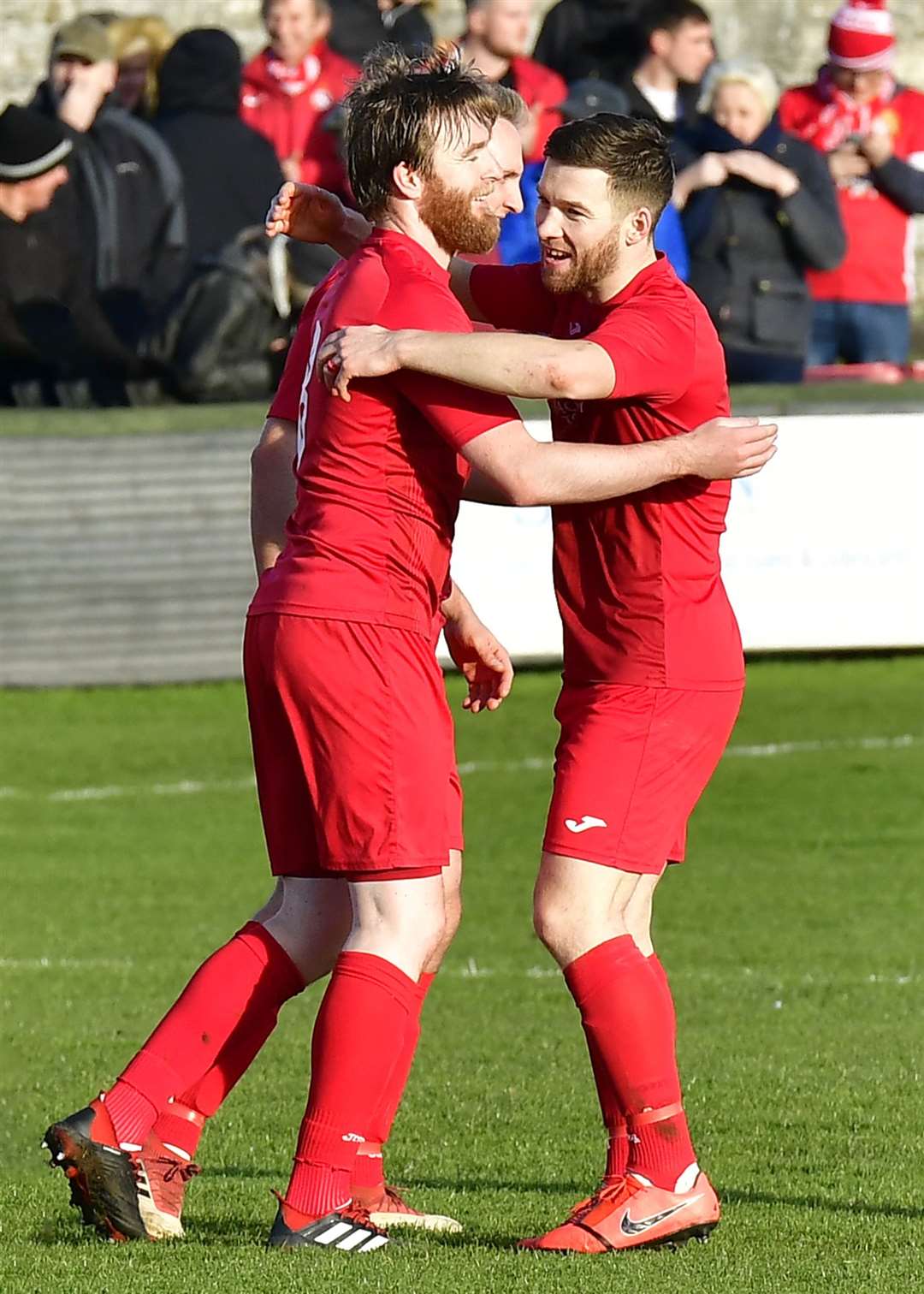 Gavin Morrison (right) celebrates with Brora goalscorer Dale Gillespie at Harmsworth Park in October. Picture: Mel Roger