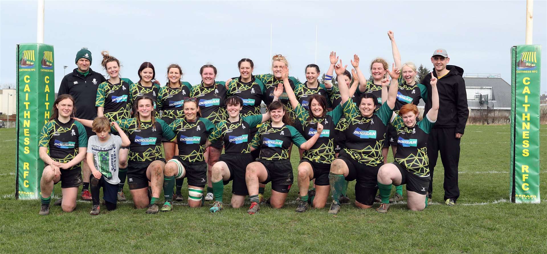 Caithness Krakens at Millbank on Sunday celebrating their first victory over Orkney Dragons. Picture: James Gunn