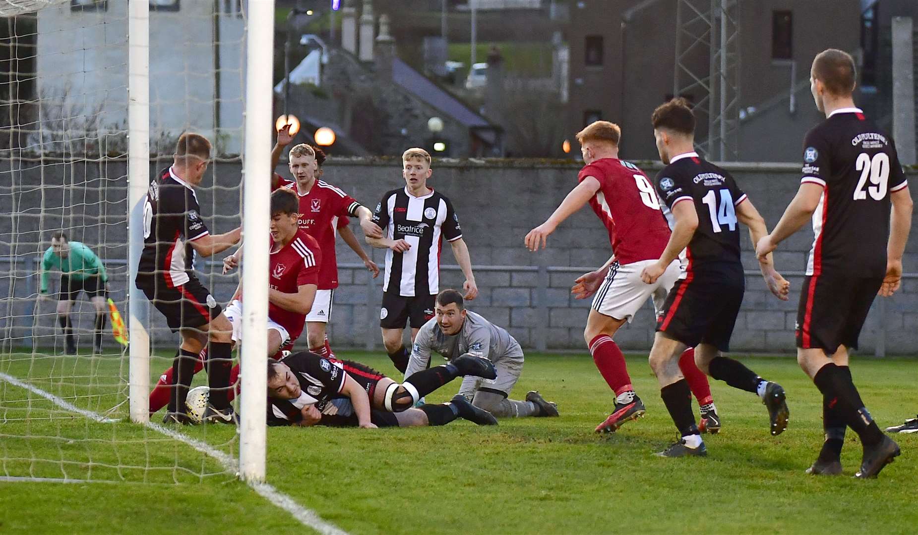 Richard Macadie protects the Wick goal-line as Deveronvale apply some pressure in the closing stages at Princess Royal Park. Picture: Mel Roger